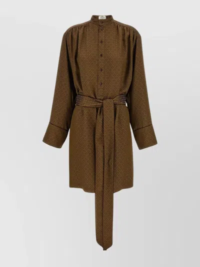 Saint Laurent Belted High-collar Dress In Patterned Fabric In Brown