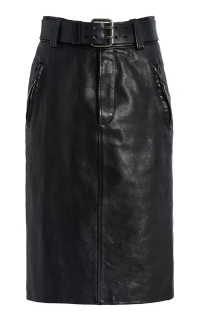 Saint Laurent Belted High-rise Leather Midi Skirt In Blue