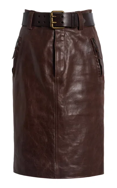 Saint Laurent Belted High-rise Leather Midi Skirt In Brown
