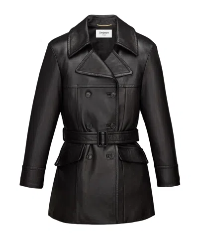 Saint Laurent Belted Jacket In Lambskin In Black