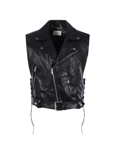 Saint Laurent Belted Lace-up Leather Waistcoat In Black