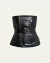 Saint Laurent Strapless Belted Leather Biker Bustier Top In Animal Print