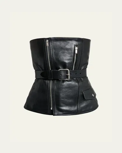 Saint Laurent Strapless Belted Leather Biker Bustier Top In Animal Print