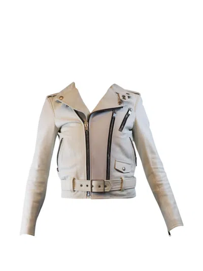 Pre-owned Saint Laurent Belted Leather Biker Jacket In Neutral