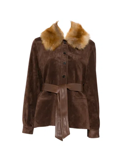 Saint Laurent Belted Leather Jacket In Brown