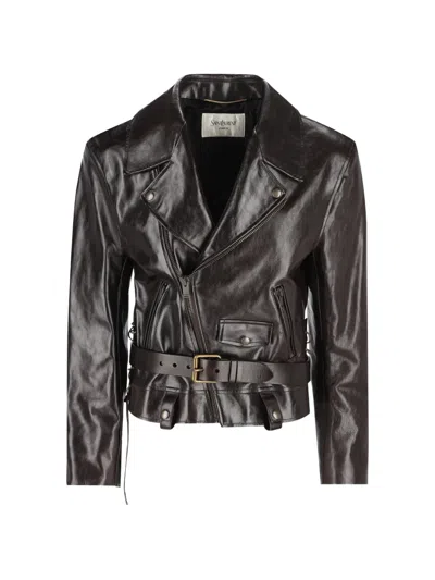 Saint Laurent Belted Leather Jacket In Brown