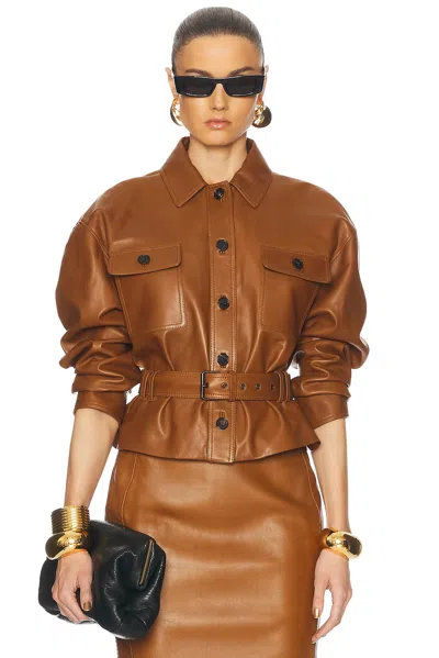 Saint Laurent Belted Leather Jacket In Marron Glace