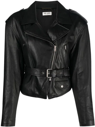 Saint Laurent Belted Leather Jacket In Nero