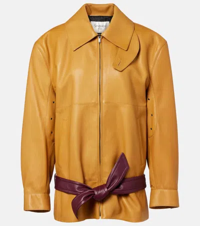 Saint Laurent Belted Leather Jacket In Yellow