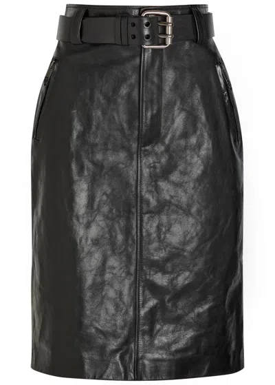 Saint Laurent Belted Leather Midi Skirt In Black