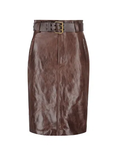 Saint Laurent Leather Pencil Skirt With Belt In Brown