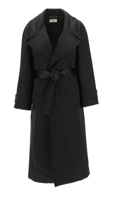 Saint Laurent Wrap-front Belted Silk-satin Coat In Black