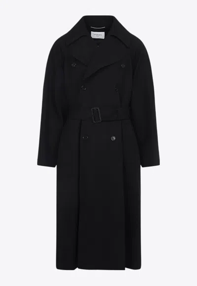 Saint Laurent Wool Coat With Central Back Slit In Blue