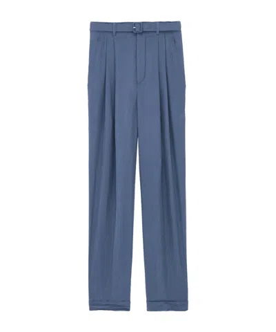 Saint Laurent Belted Pants In Silk Habotai In Blue