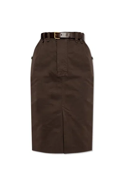 Saint Laurent Belted Pencil Skirt In Brown