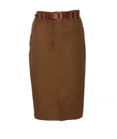 Saint Laurent Belted Pencil Skirt In Brown