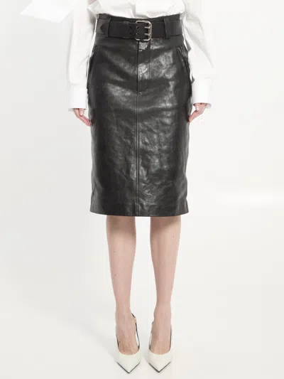 Saint Laurent Black Crinkled Calfskin Belted Pencil Skirt In Multi