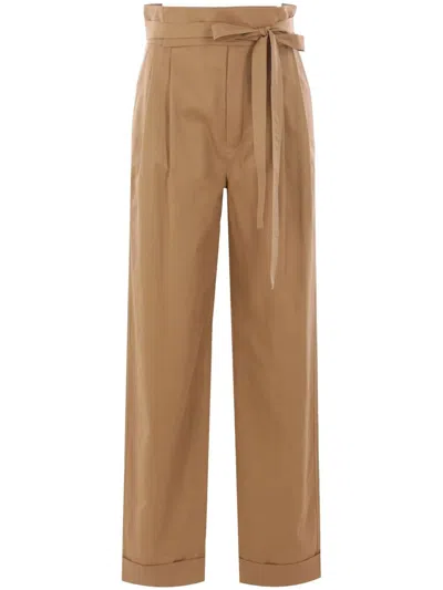 Saint Laurent Belted Pleated Straight Leg Pants In Neutral