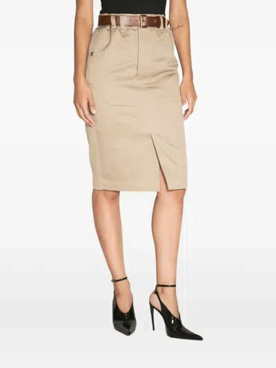 Saint Laurent Belted Pocket Midi Skirt In Neutral