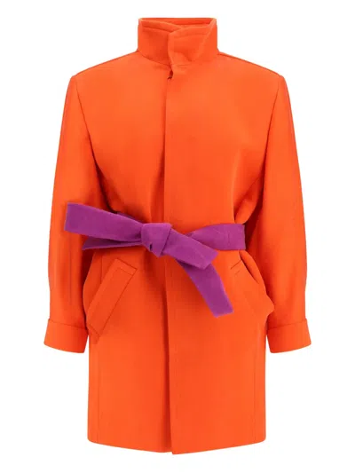 Saint Laurent Belted Stonewashed Silk Satin Coat In Orange