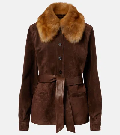 Saint Laurent Belted Shearling-trimmed Suede Jacket In Brown