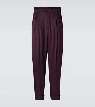 Saint Laurent Belted Silk Satin Straight Pants In Burgundy