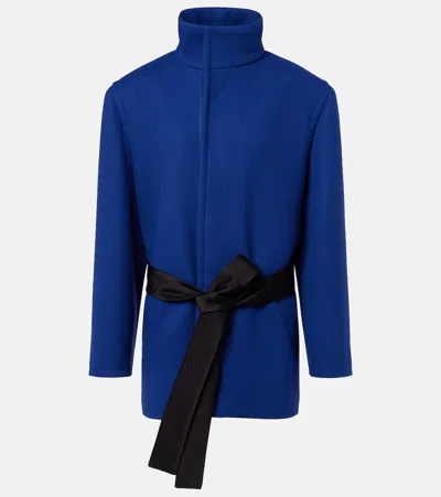SAINT LAURENT BELTED SILK-TRIMMED WOOL COAT