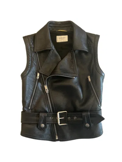 Saint Laurent Belted Sleeveless Leather Jacket In Black