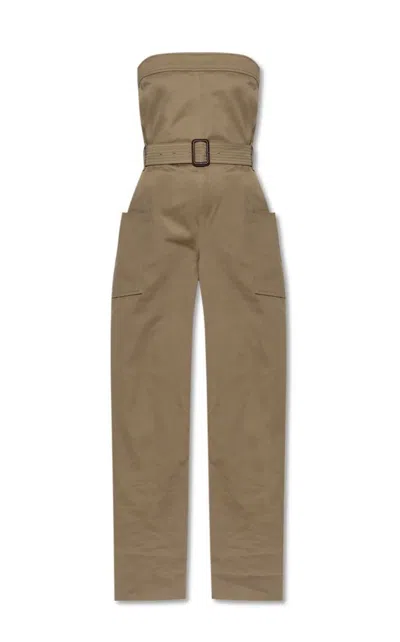 Saint Laurent Strapless Belted Cotton Jumpsuit In Cream