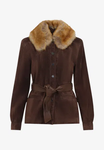 Saint Laurent Belted Suede Jacket With Fur Collar In Animal Print