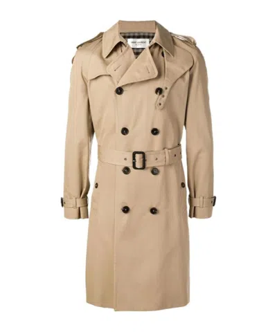 Saint Laurent Belted Trench Coat In Brown