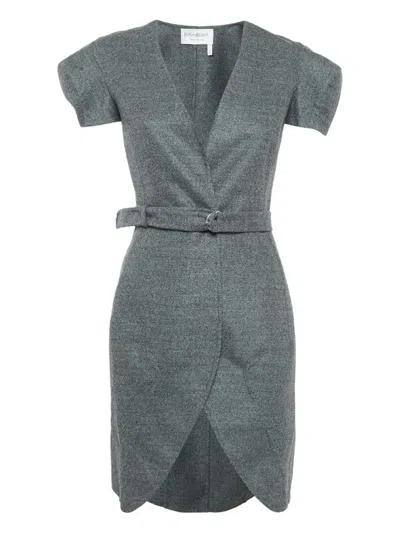 Pre-owned Saint Laurent Belted V-neck Mini Dress In Gray