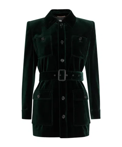 Saint Laurent Belted Velvet Jacket In Green