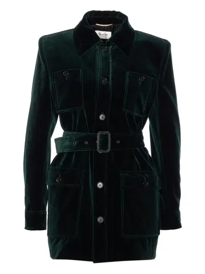 Saint Laurent Belted Velvet Jacket In Green