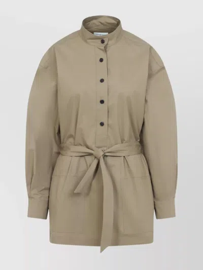 Saint Laurent Belted Waist Cotton Long Shirt In Nude & Neutrals