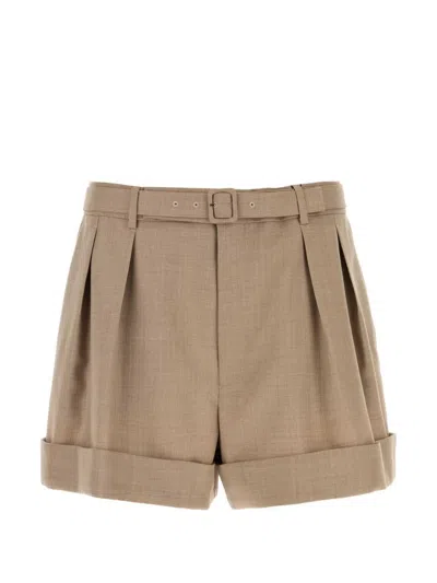 Saint Laurent Belted Wool Bermuda Shorts In Brown