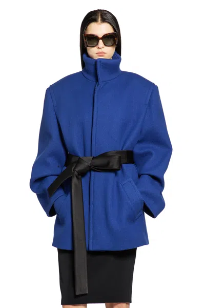 Saint Laurent Belted Wool Coat In Blue