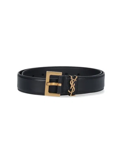 Saint Laurent Cassandre Belt With Square Buckle In Smooth Leather Accessories In Black