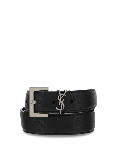 Saint Laurent Logo Plaque Embossed Belt In Black