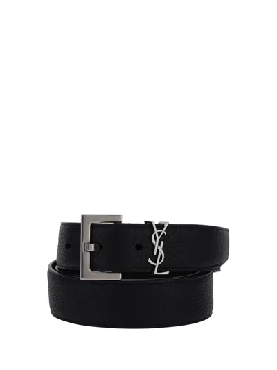Saint Laurent Logo Plaque Embossed Belt In Black