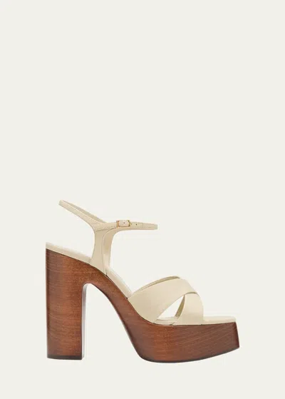 Saint Laurent Bianca Cotton Crisscross Platform Sandals In Tan Beige