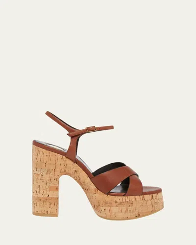 Saint Laurent Bianca Leather Cork Platform Sandals In Wine