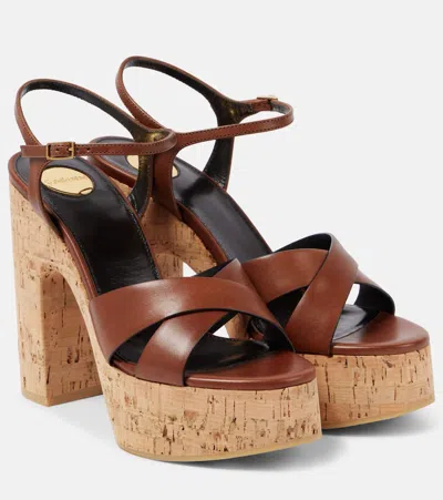 Saint Laurent Bianca 125 Leather Platform Sandals In Brown
