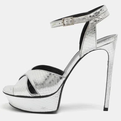 Pre-owned Saint Laurent Bianca Size 39.5 Silver Python Leather Platform Sandals