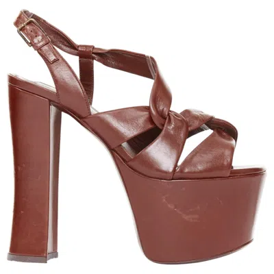 Pre-owned Saint Laurent Bianca Smooth Amber Brown Leather Crossover Sandals Eu36.5 Us6.5