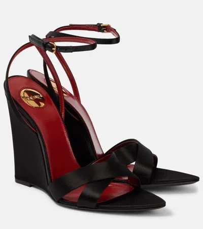 Saint Laurent Wedge-sandalen Bibi 110 Aus Satin In Schwarz