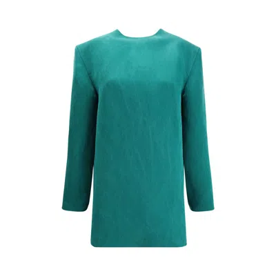 Saint Laurent Boxy Dress In Stonewashed Satin Silk In Green