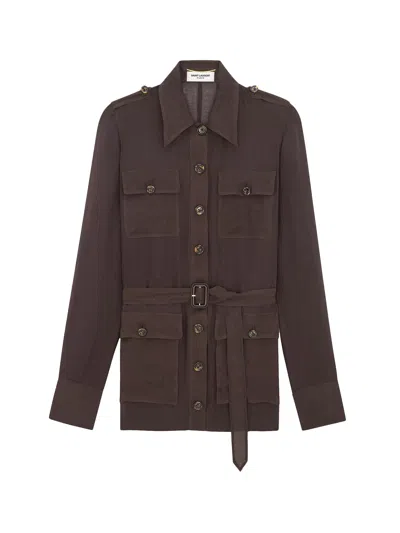 Saint Laurent Biologic Silk Dress With Belt At Waist In Brown