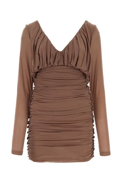Saint Laurent Jersey V-neck Mini Dress With Ruched Sleeves In Brown