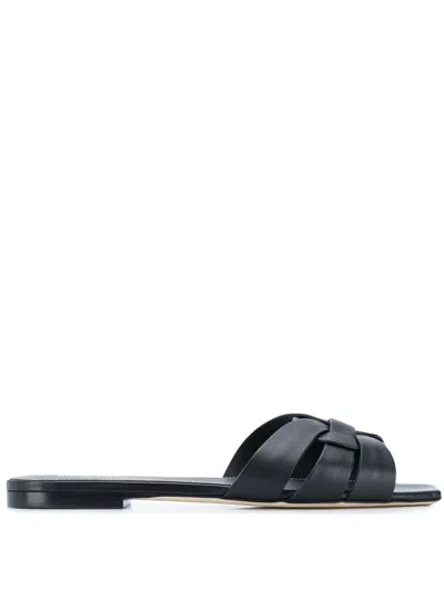 Saint Laurent Tribute Leather Flat Sandals In Black